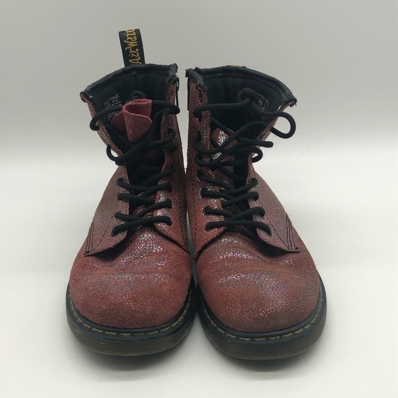 Dr. Martens Boots Girls 4 Delaney Pink Glitter Combat Lace Up High Top Moto - Picture 2 of 7